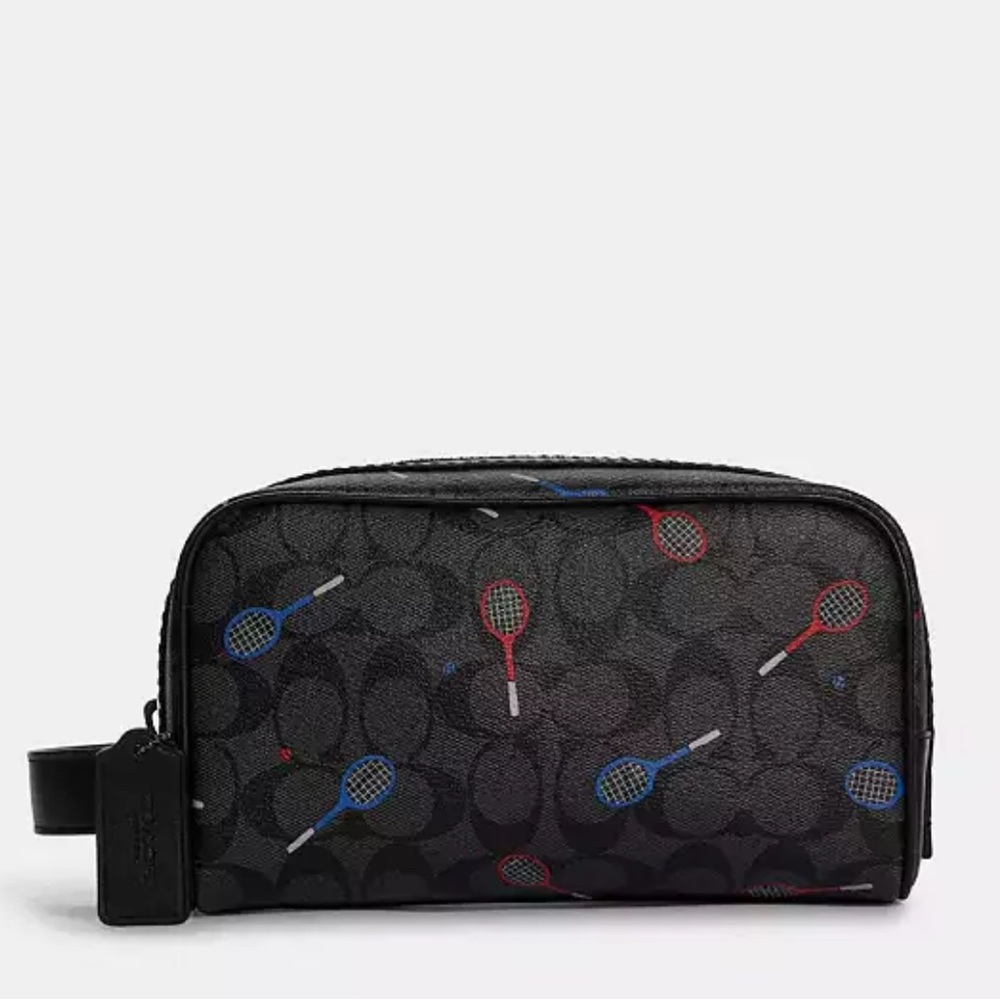 NWT COACH Black Tennis Racket Print Toiletry Bag